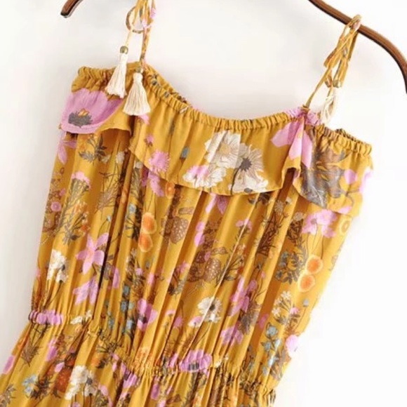 Boho 60’s Floral Gypsy Print Maxi Dress Yellow 70s - Picture 4 of 9